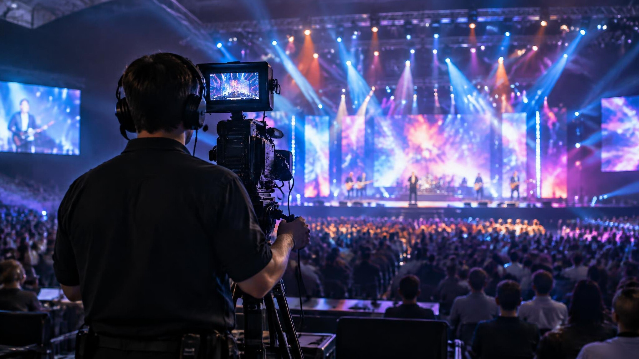 Camera operator filming a live event on a lit stage