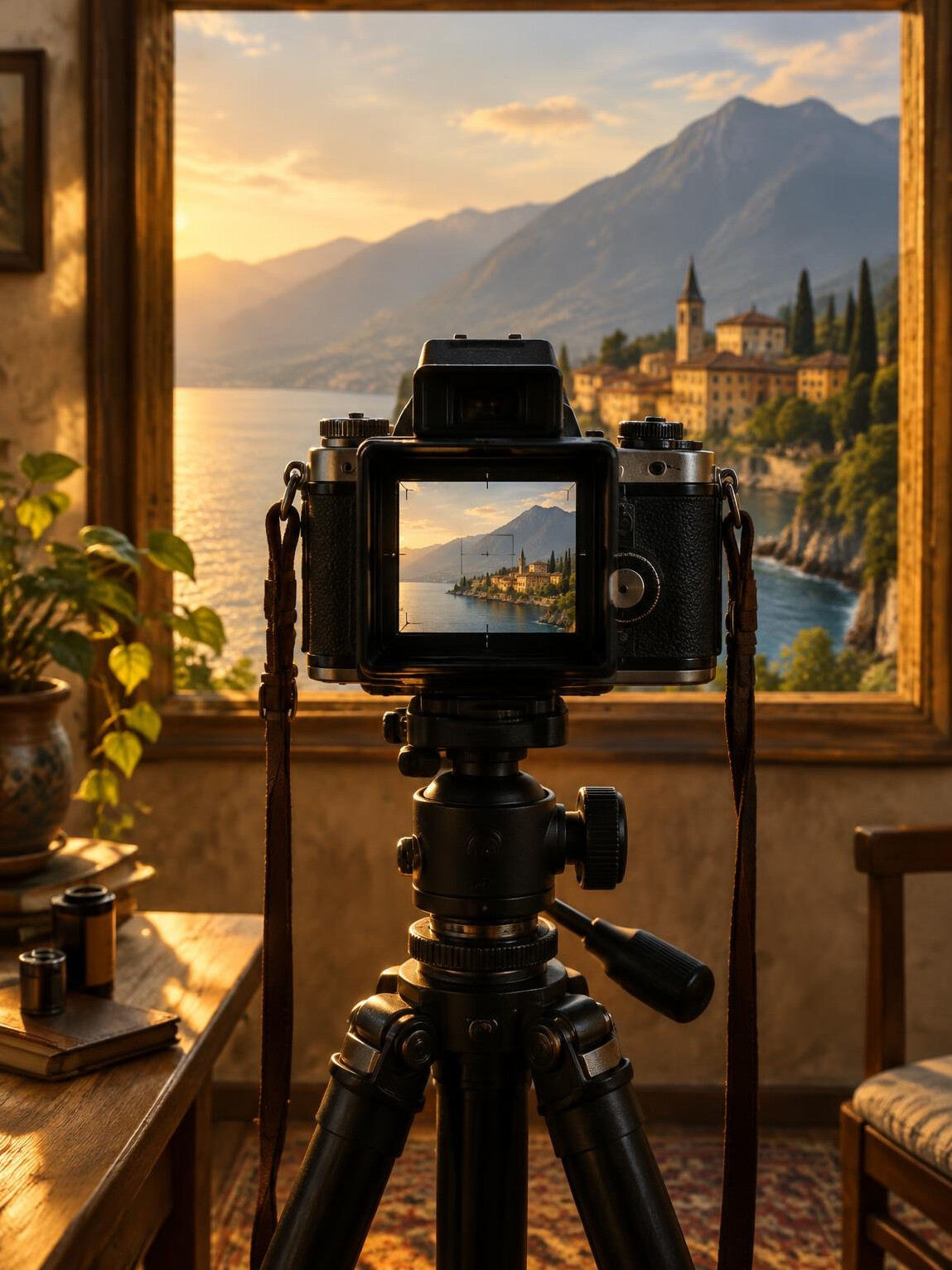 Vintage film camera aimed at a scene