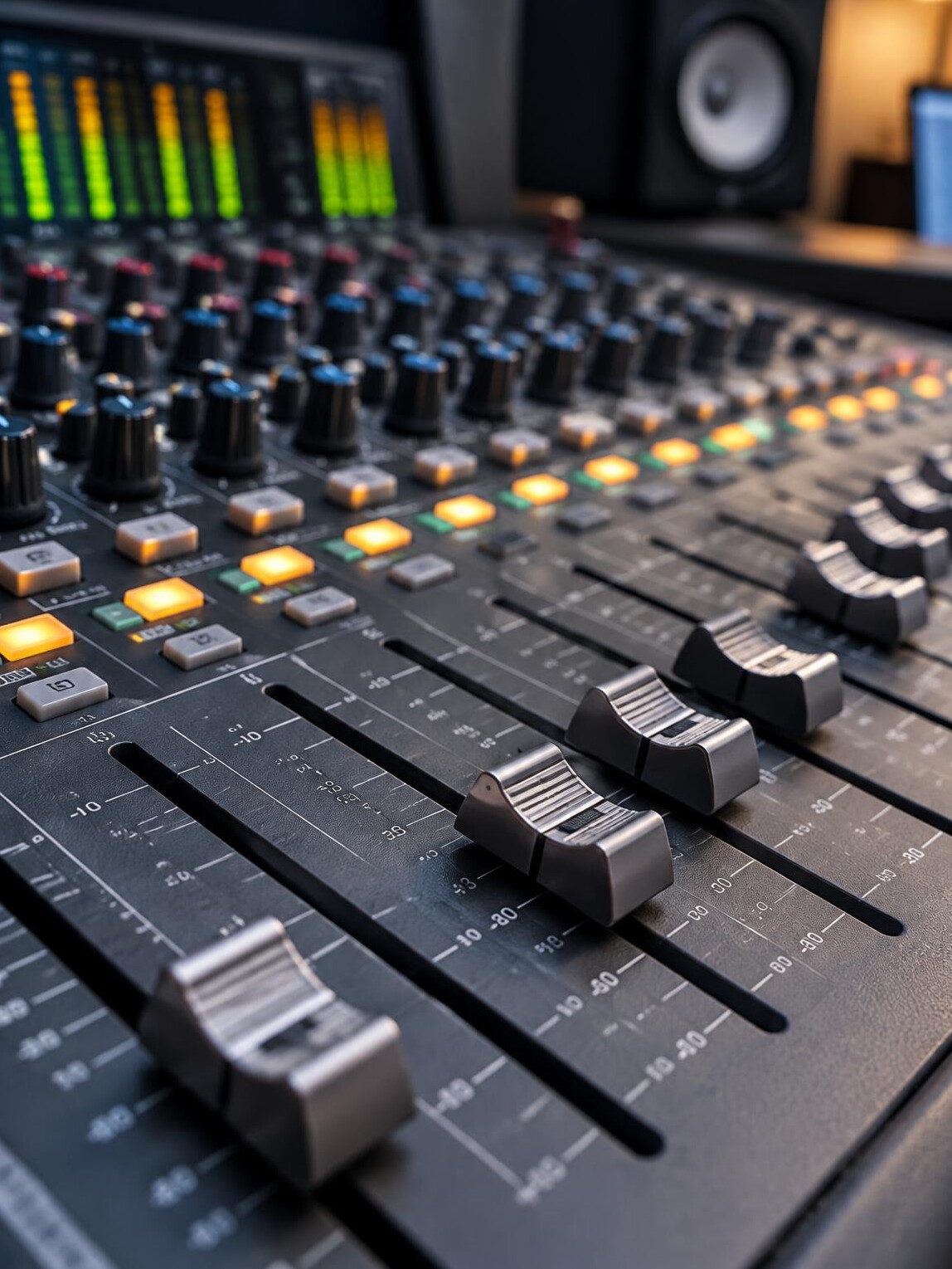 Audio mixing console with faders