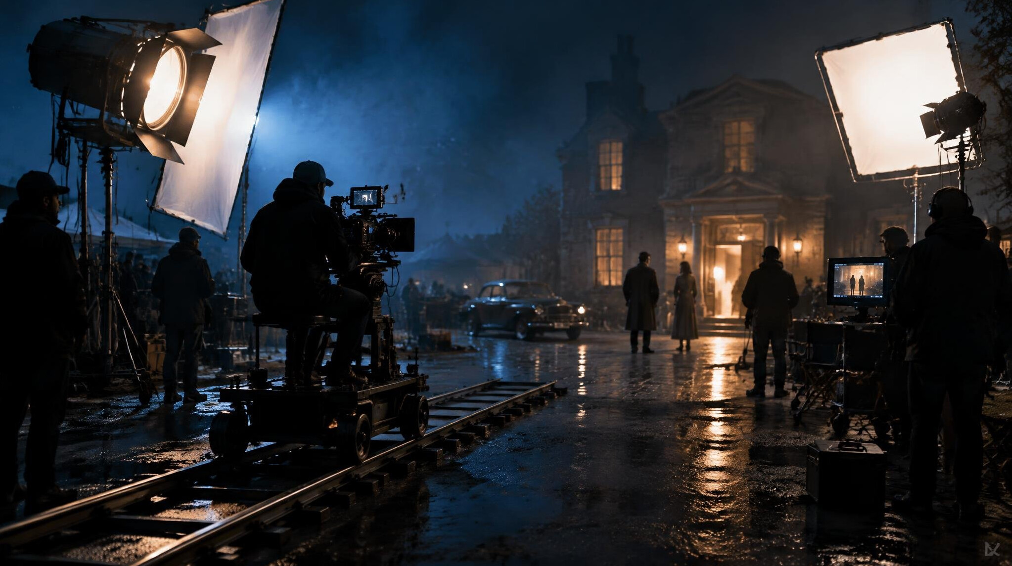Film set with camera and lighting equipment